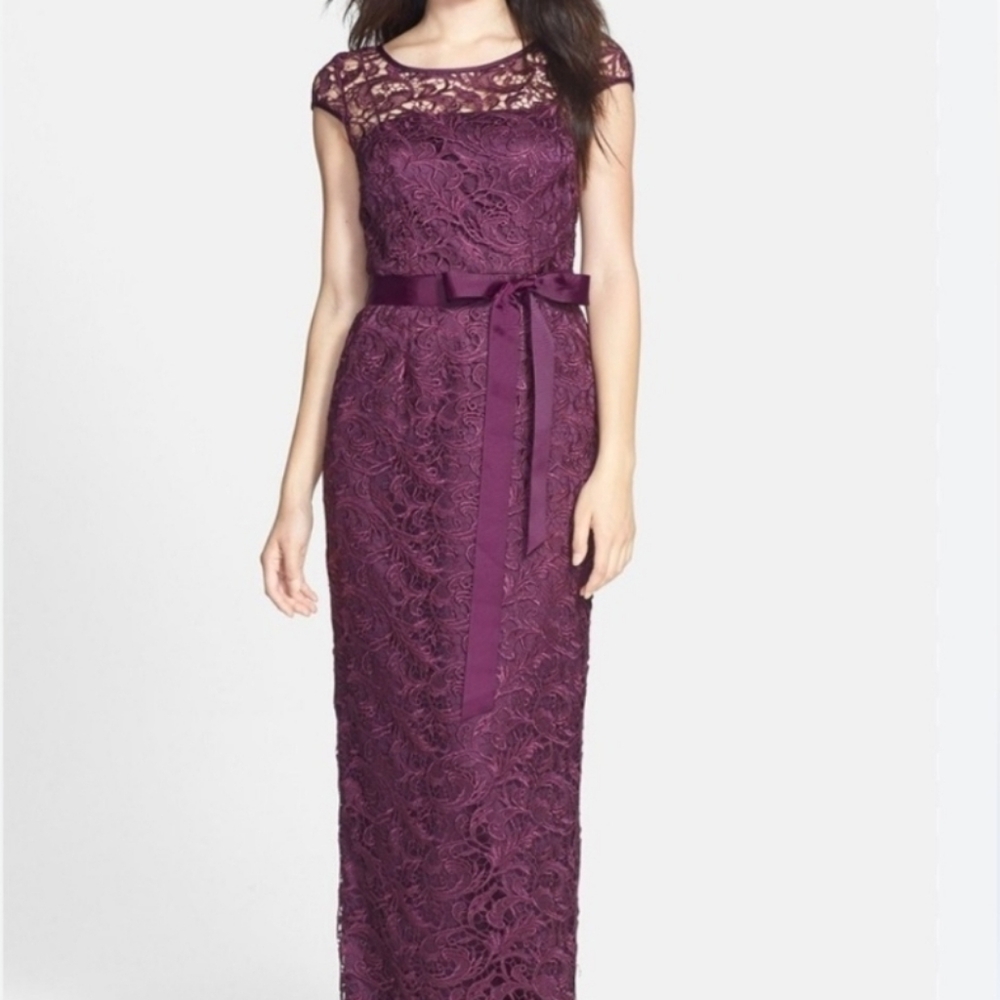 Adrianna Papell Red Cap Sleeve Crew Neck Maxi Dress With Upgraded Sash